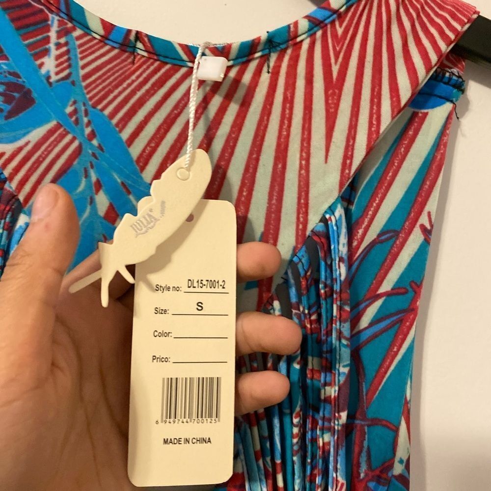 Julia Tropical Hibiscus Maxi Dress Womens Small Turquoise Red Fringe Cutout Back - Picture 4 of 6